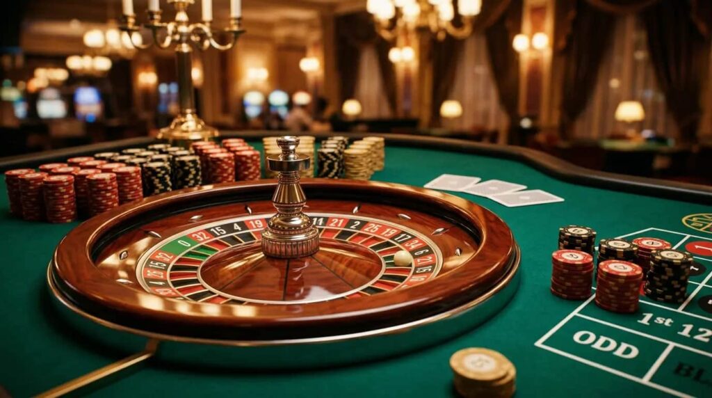 European roulette wheel with stacked red, black and gold casino chips on emerald green felt, cinematic lighting.