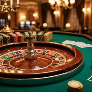 European roulette wheel with stacked red, black and gold casino chips on emerald green felt, cinematic lighting.