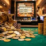 Gold and silver sweepstakes coins spilling onto casino felt with stacked chips and blurred slot machine background
