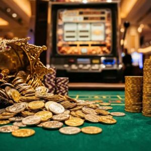Gold and silver sweepstakes coins spilling onto casino felt with stacked chips and blurred slot machine background