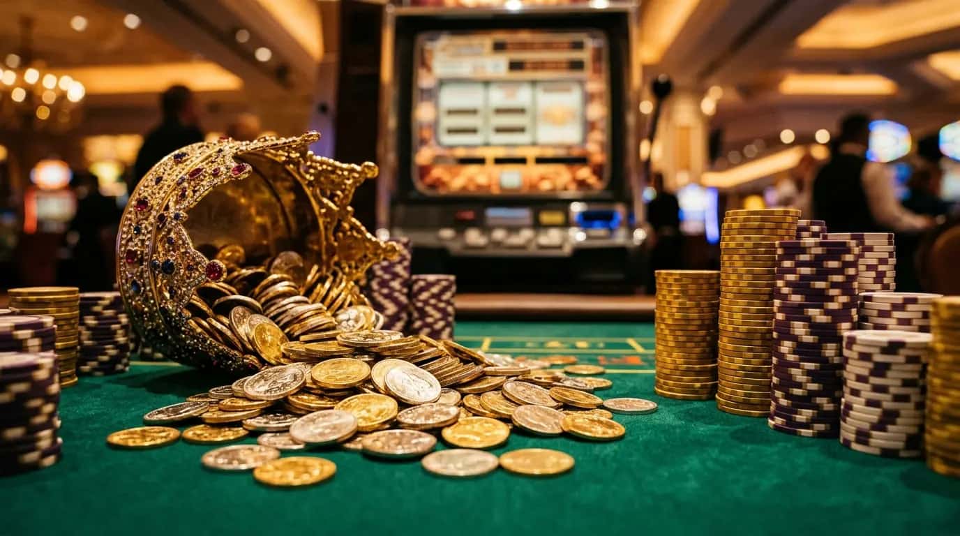 Gold and silver sweepstakes coins spilling onto casino felt with stacked chips and blurred slot machine background