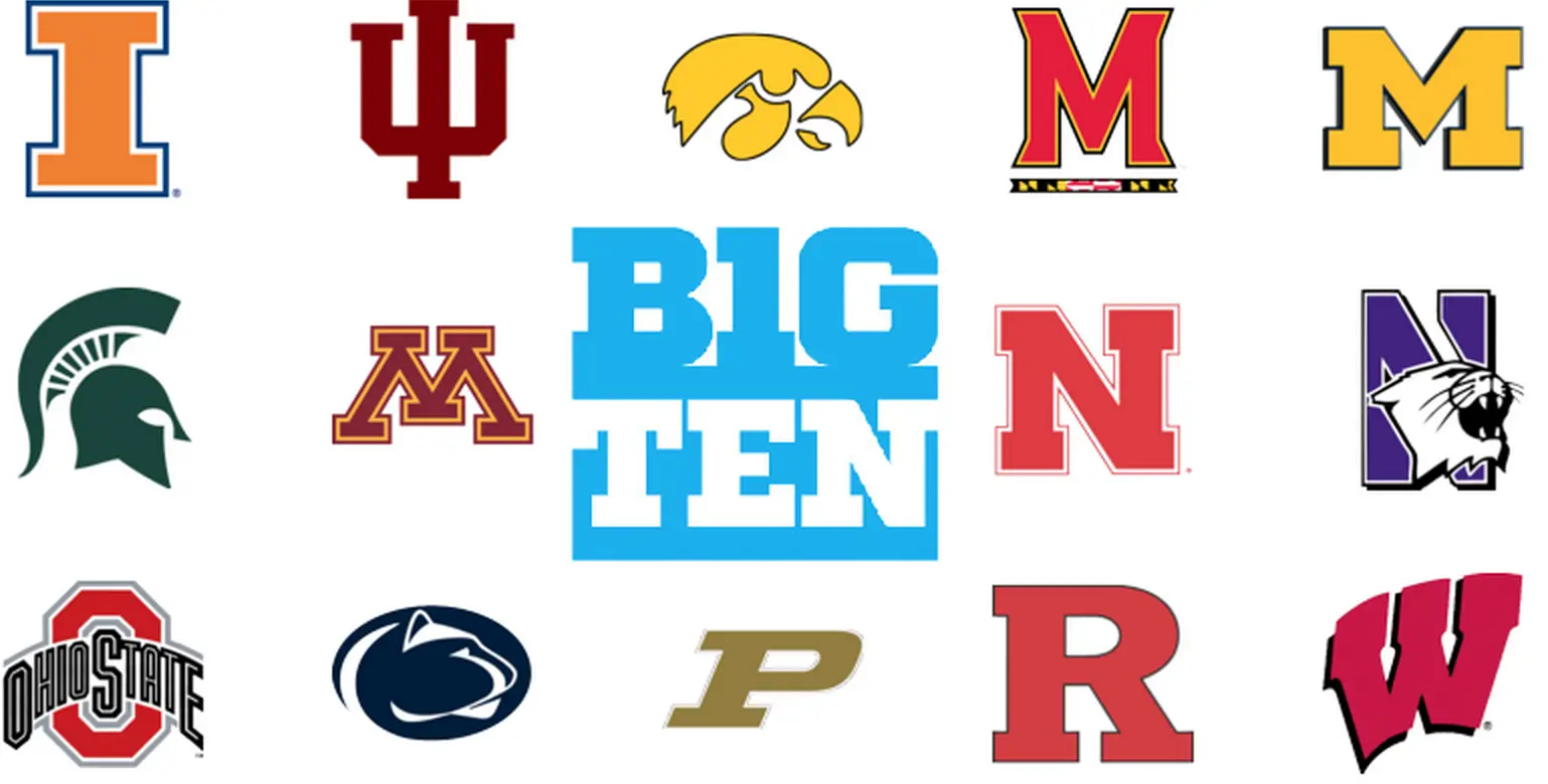 Grid of Big Ten Conference logos surrounding the central Big Ten text logo