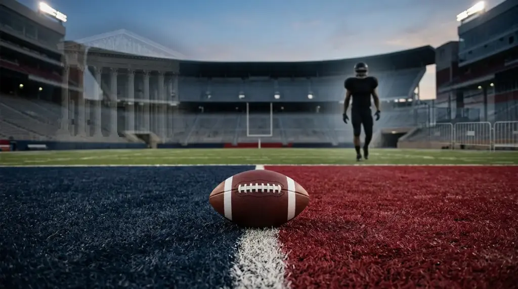 Football on a college field symbolizing the clash between conference rules and legal eligibility decisions