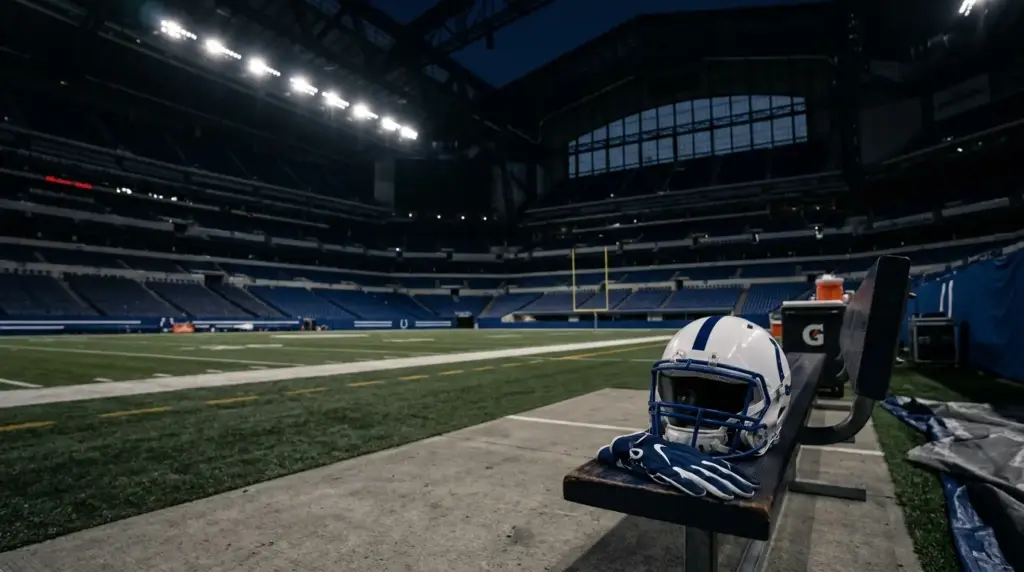 Colts football helmet and receiver gear on a stadium bench under nighttime lights