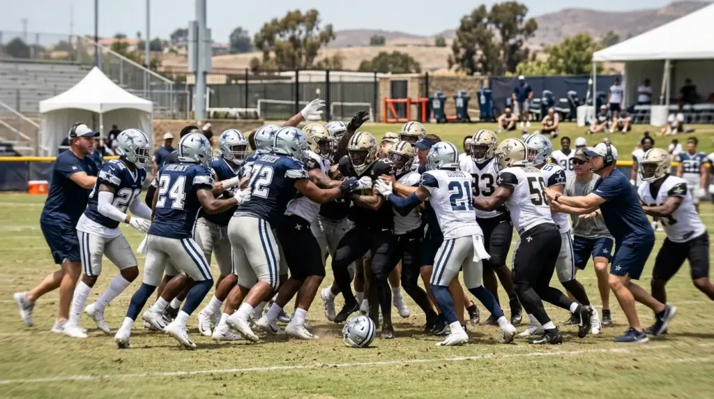 Dallas Cowboys and New Orleans Saints players are separated during a chaotic joint practice scrum.