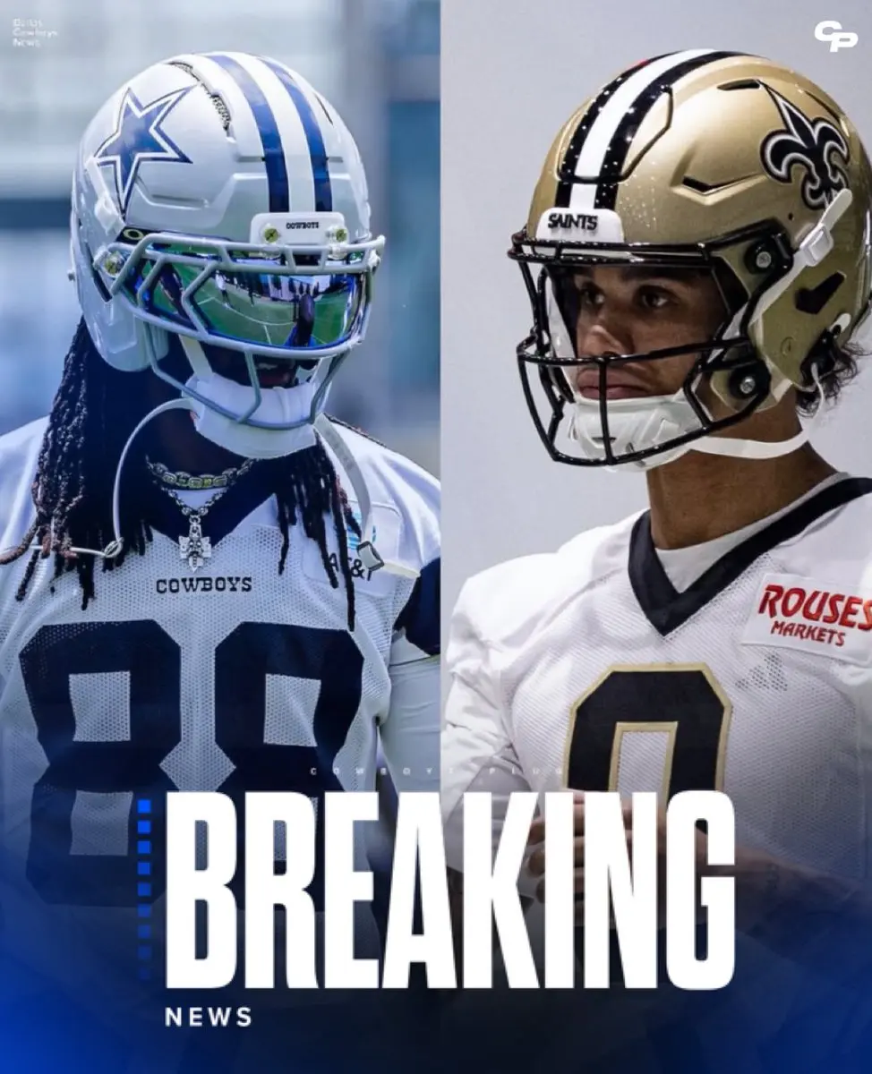 Split screen image of a Dallas Cowboys player and a New Orleans Saints player in helmets and uniforms