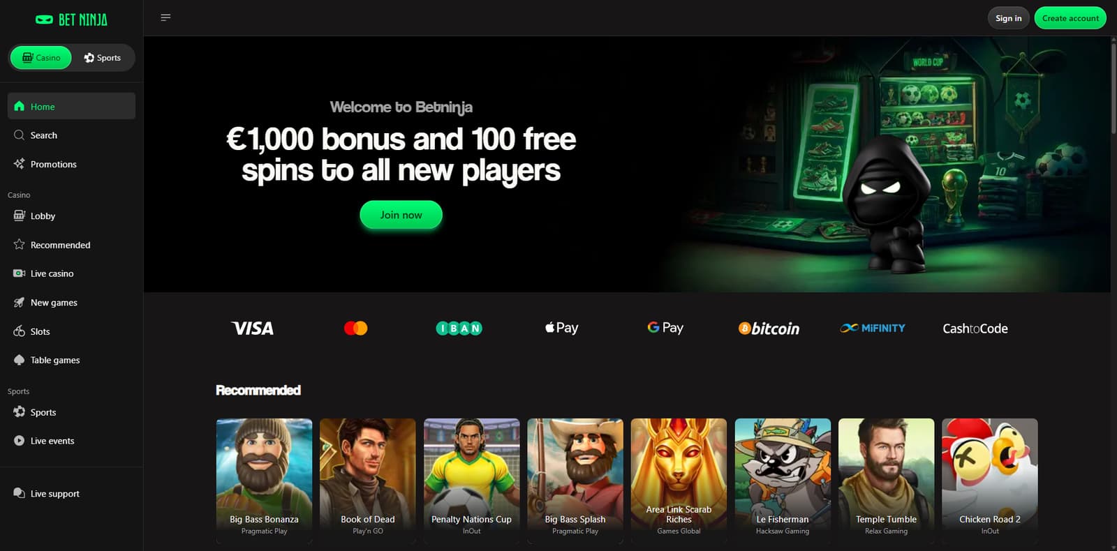 BetNinja review screenshot CA desktop