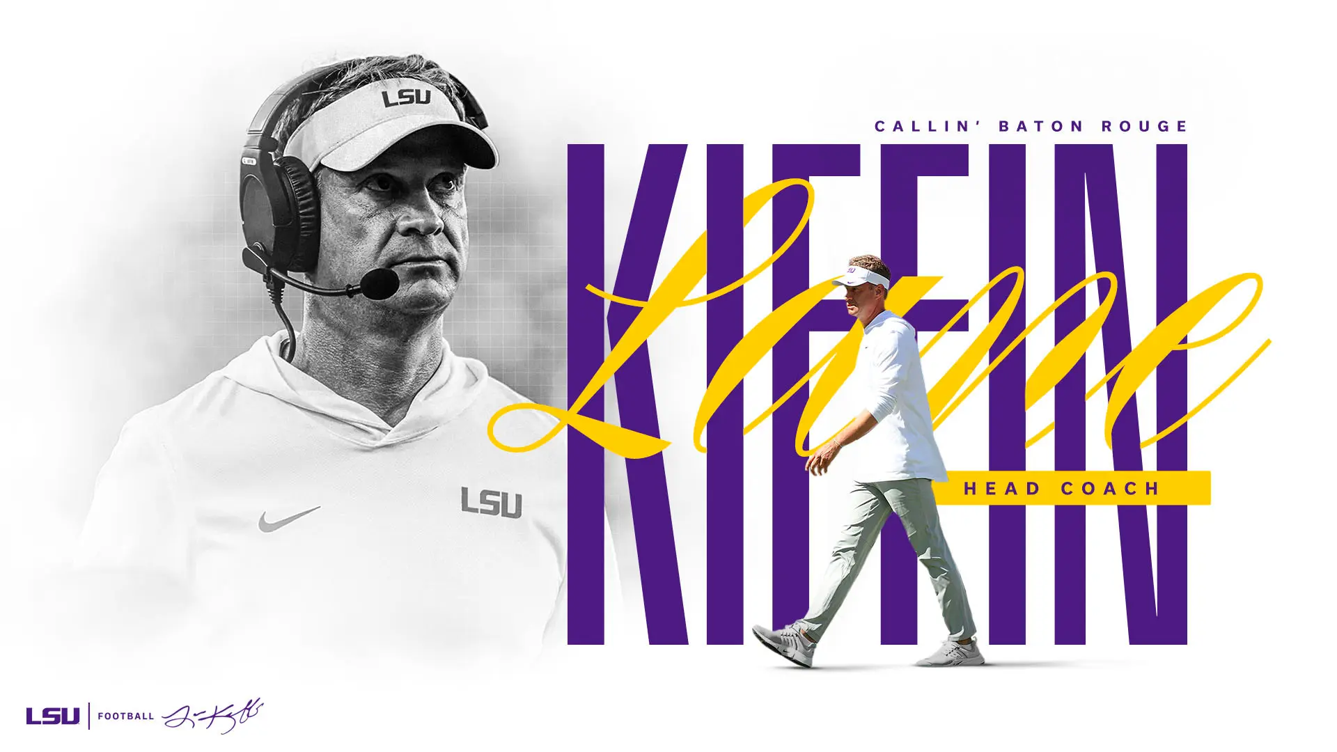 Graphic featuring Lane Kiffin in LSU gear with text reading Kiffin Head Coach and Callin' Baton Rouge