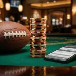 Stacked gold and red betting chips beside an American football on dark casino felt, with a smartphone wireframe interface.