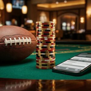 Stacked gold and red betting chips beside an American football on dark casino felt, with a smartphone wireframe interface.