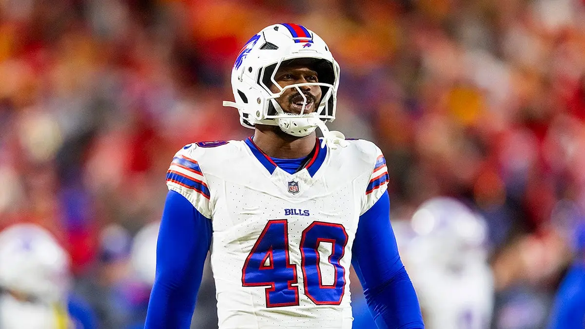 Von Miller in a white Buffalo Bills jersey and helmet during an NFL game
