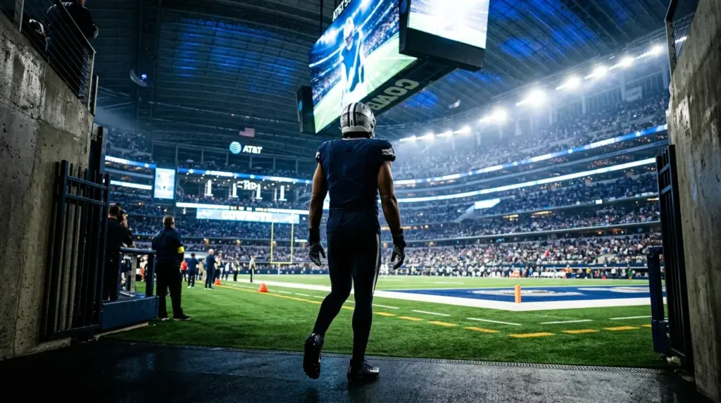 Veteran pass rusher entering a brightly lit Dallas football stadium for a homecoming season