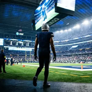 Veteran pass rusher entering a brightly lit Dallas football stadium for a homecoming season