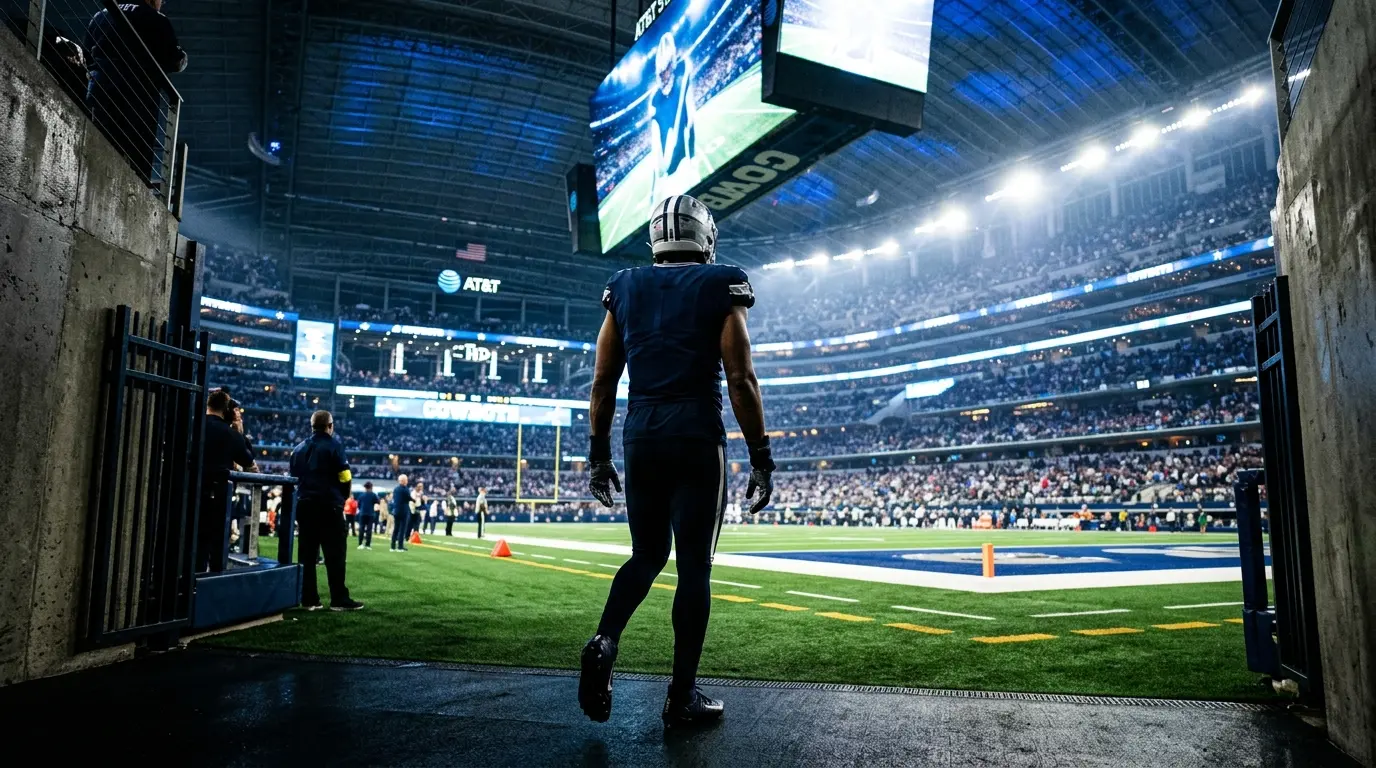 Veteran pass rusher entering a brightly lit Dallas football stadium for a homecoming season