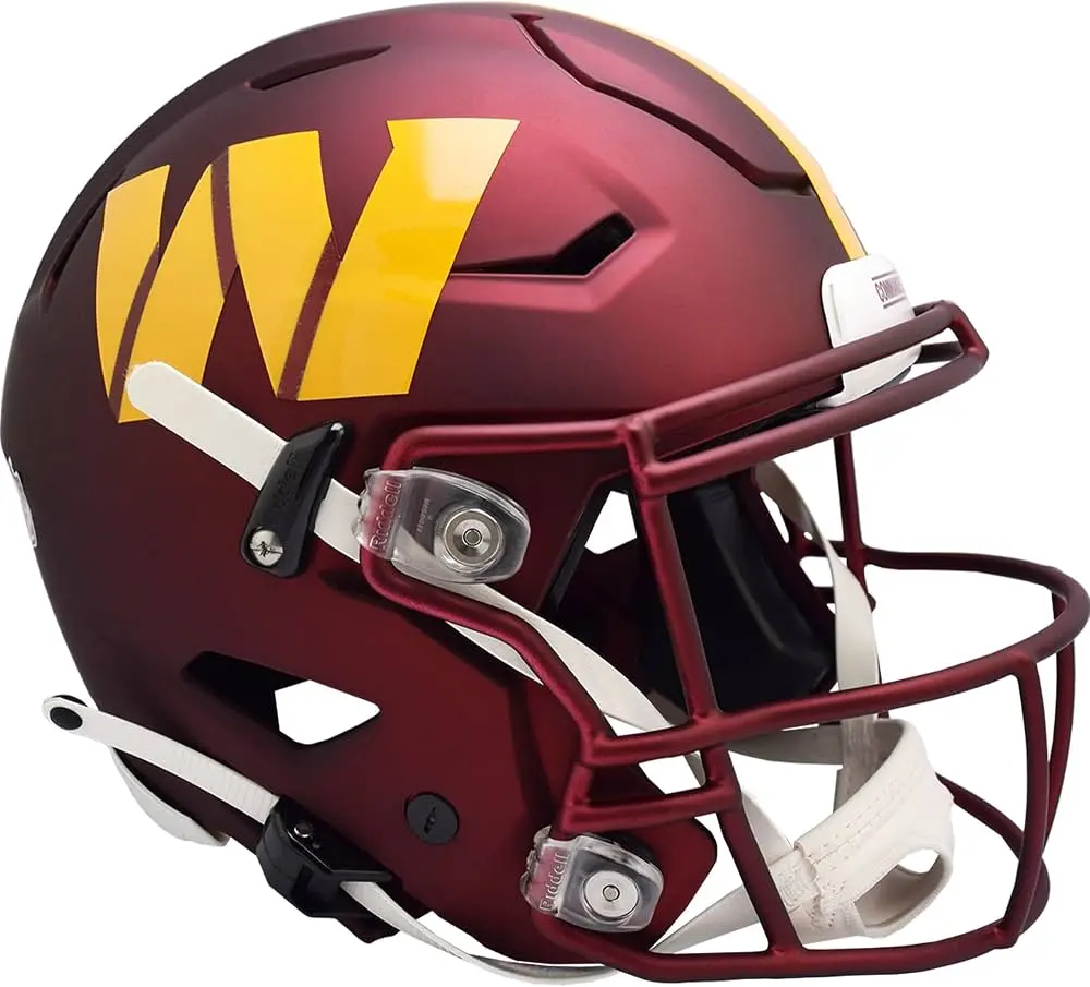 A burgundy Washington Commanders football helmet featuring the yellow W logo on the side.