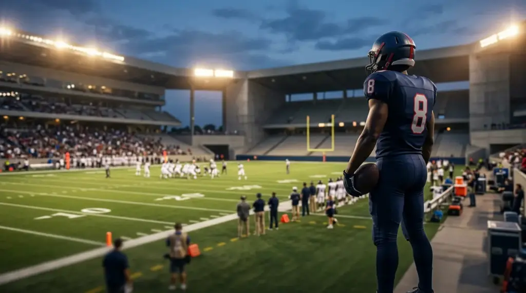 Silhouetted quarterback on a stadium sideline before a crucial contract decision