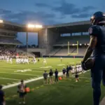 Silhouetted quarterback on a stadium sideline before a crucial contract decision