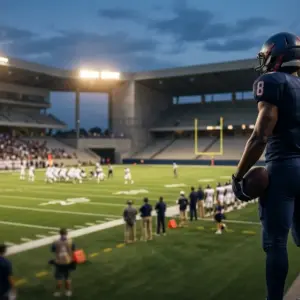 Silhouetted quarterback on a stadium sideline before a crucial contract decision